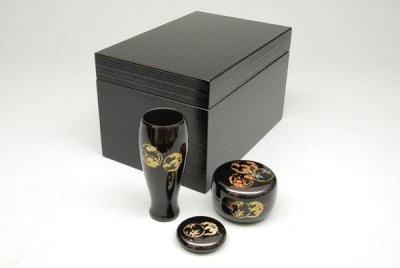 画像1: 茶道具　茶箱　茶箱セット　黒筋入り　花丸蒔絵　新品