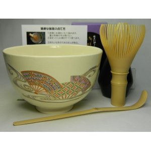 画像: 抹茶セット　すべて日本製　お抹茶セット　衛生的なポリプロピレン茶筅付き　仁清風　扇流し　茶道具